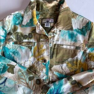 Caribbean Joe Petite S Floral Denim Jacket Teal Olive Yellow Tropical Cotton Y2K